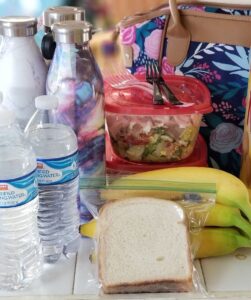 water, sandwich, bananas, salad, some foods you need to survive while on a road trip
